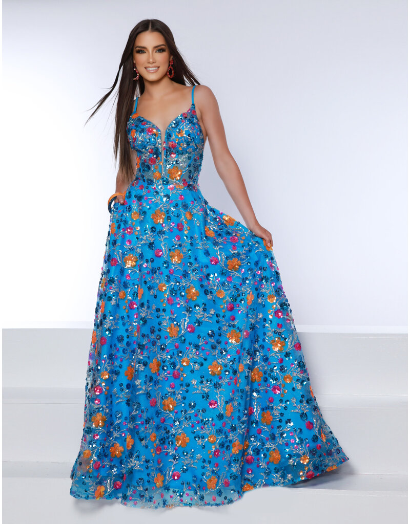Spaghetti strap sequin floral a-line gown 24078