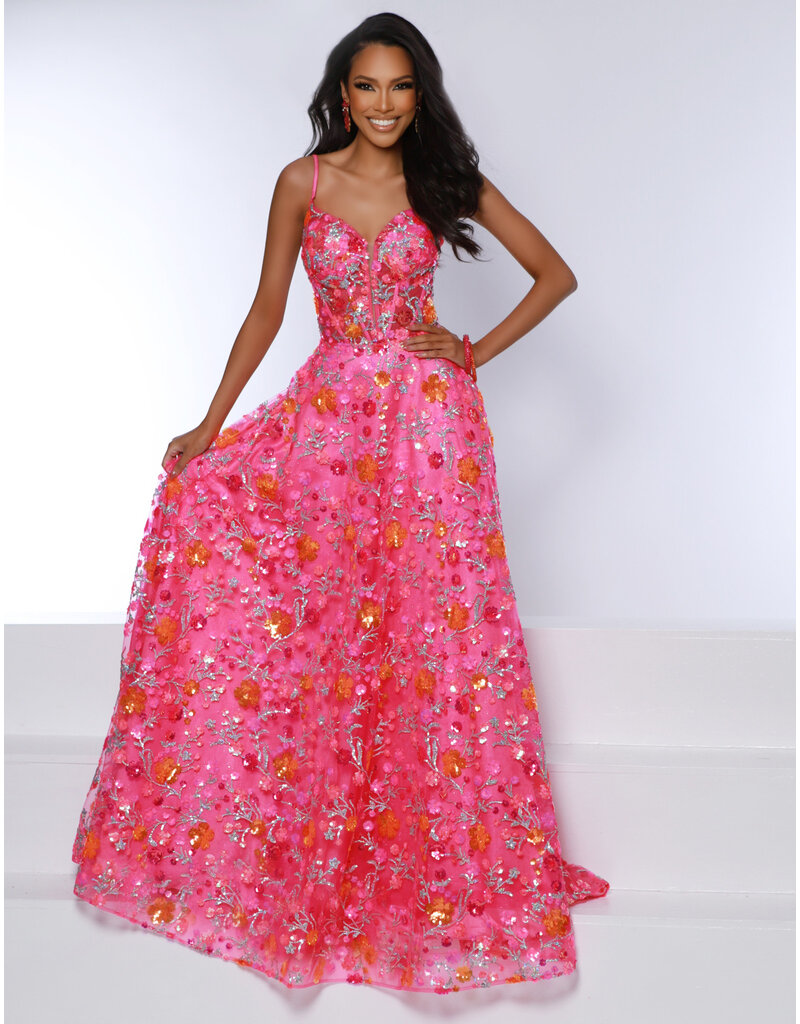Spaghetti strap sequin floral a-line gown 24078