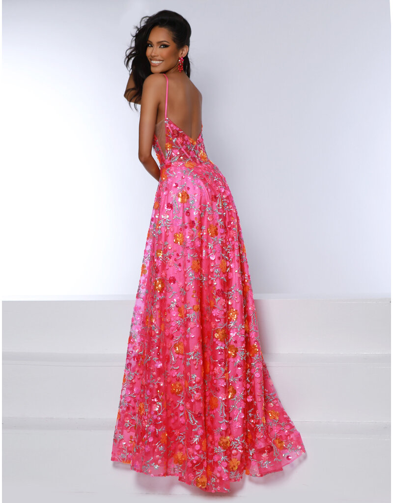 Spaghetti strap sequin floral a-line gown 24078