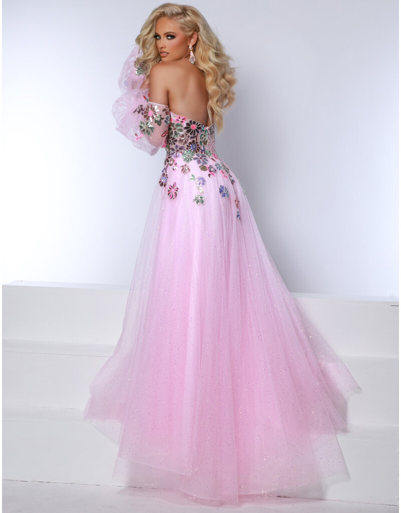 Strapless floral sequin ballgown w/detachable sleeves 24357
