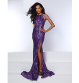 High neck sequin fitted gown w/leg slit 24377