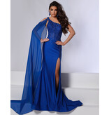 One shoulder lace beaded glitter jersey fitted gown w/arm cape 24738