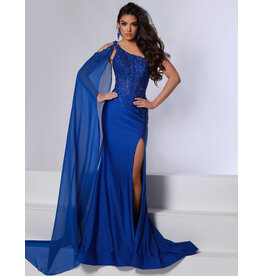One shoulder lace beaded glitter jersey fitted gown w/arm cape 24738
