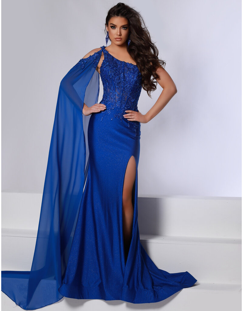 One shoulder lace beaded glitter jersey fitted gown w/arm cape 24738