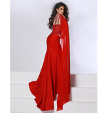 One shoulder lace beaded glitter jersey fitted gown w/arm cape 24738