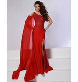 One shoulder lace beaded glitter jersey fitted gown w/arm cape 24738