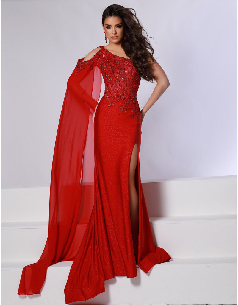 One shoulder lace beaded glitter jersey fitted gown w/arm cape 24738