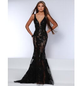 DEEP V-NECK FITTED SEQUIN GOWN W/LACE UP BACK 24074