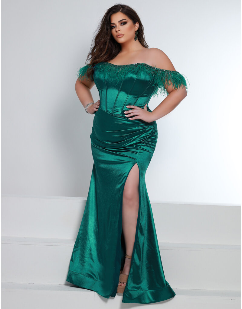 Off the shoulder feather fitted corset back gown 23210