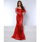Off the shoulder feather fitted corset back gown 23210