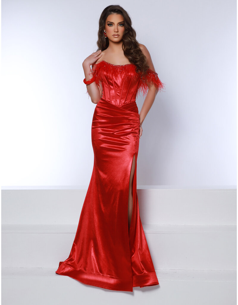 Off the shoulder feather fitted corset back gown 23210