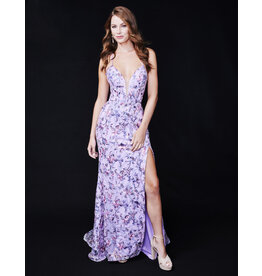 Spaghetti strap beaded floral print gown 2372