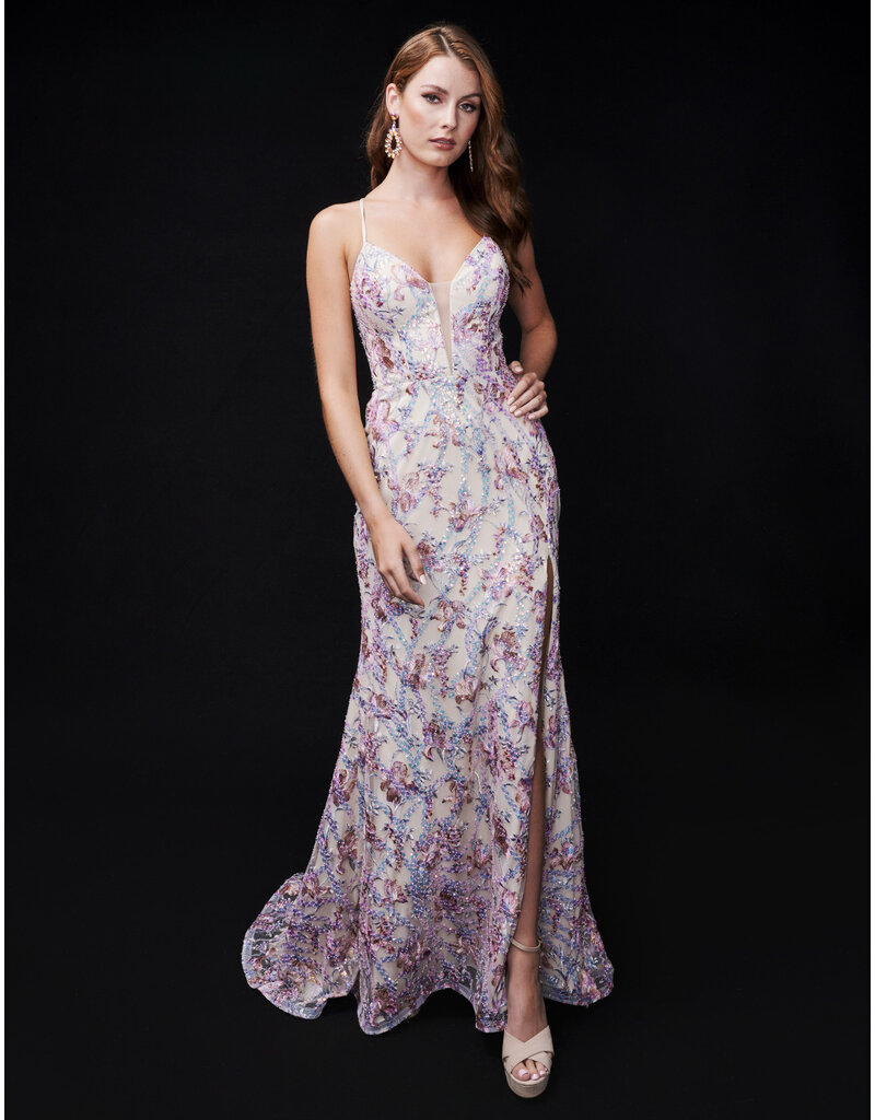 Spaghetti strap beaded floral print gown 2372