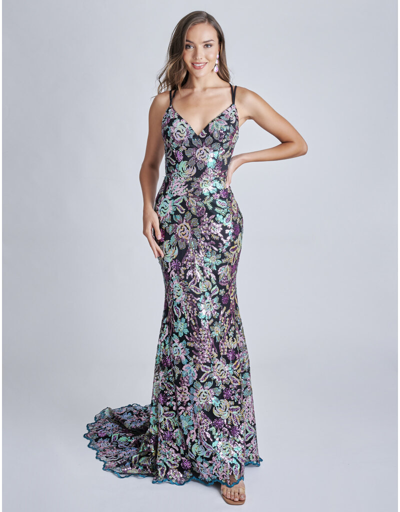 Spaghetti strap floral sequin fitted gown 2382