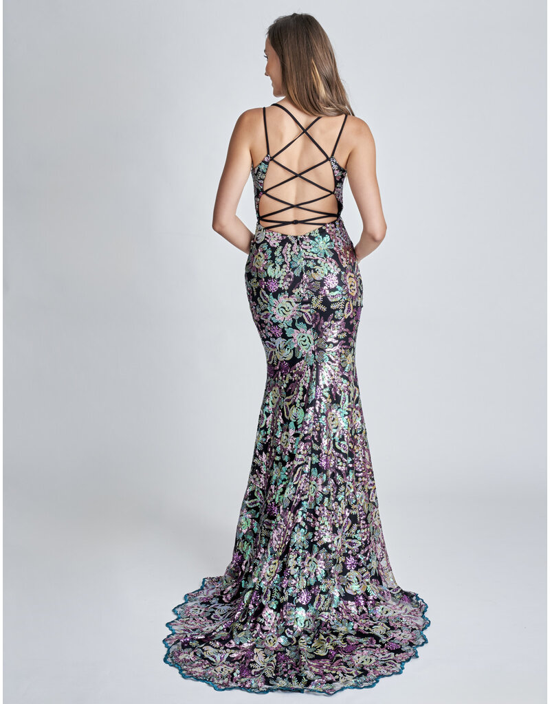 Spaghetti strap floral sequin fitted gown 2382