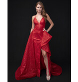 Spaghetti strap lace up back fitted gown w/waist cape 8250