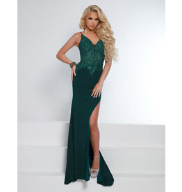 Spaghetti strap lace beaded bodice fitted jersey gown 23234