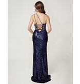 One shoulder fitted sequin gown w/leg slit 1559