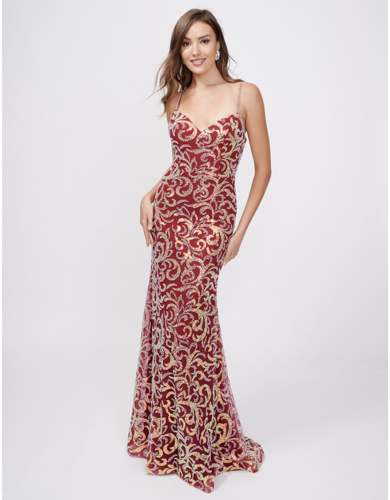 Sequin fitted spaghetti strap gown 3256N