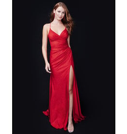 Spaghetti strap corset back fitted glitter jersey gown 4401