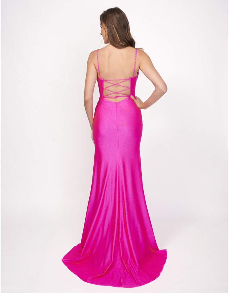 Beaded spaghetti strap fitted glitter jersey gown 4411
