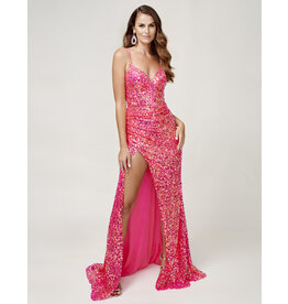 Fitted sequin corset bodice gown w/leg slit 4406