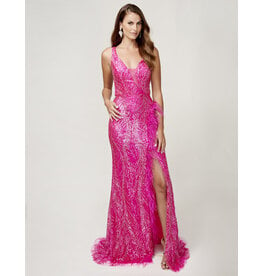 Beaded tank v-neck gown w/feathers 9158