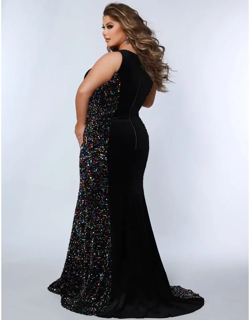 High neck sequin/jersey fitted gown JK2318