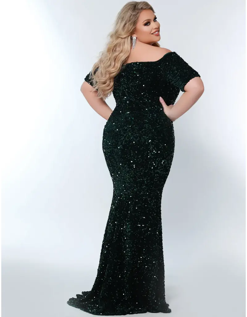 Off the shoulder short sleeve sequin fitted gown JK2208