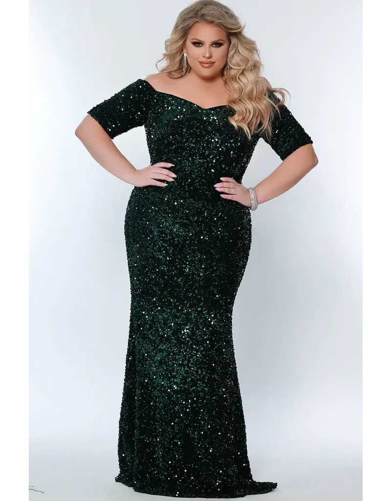 Off the shoulder short sleeve sequin fitted gown JK2208