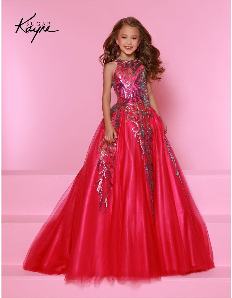 Sugar Kayne High neck sequin tulle a-line gown C344