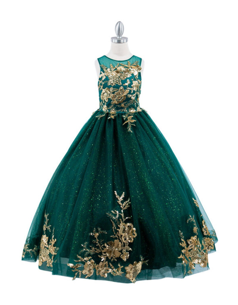 Gold applique long tulle dress 5118