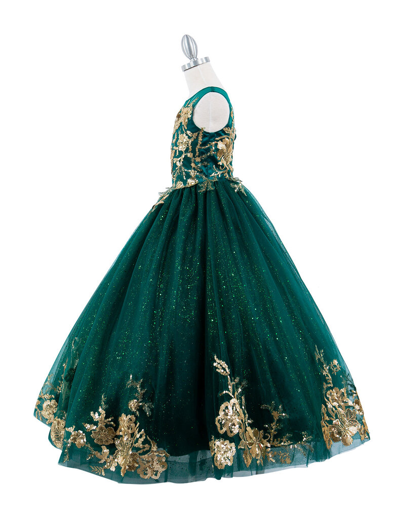 Gold applique long tulle dress 5118