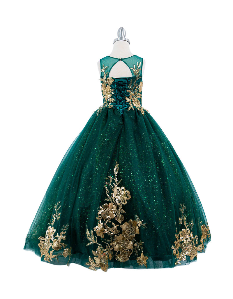 Gold applique long tulle dress 5118
