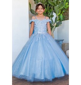 Sequined top tulle bottom long gown 8062