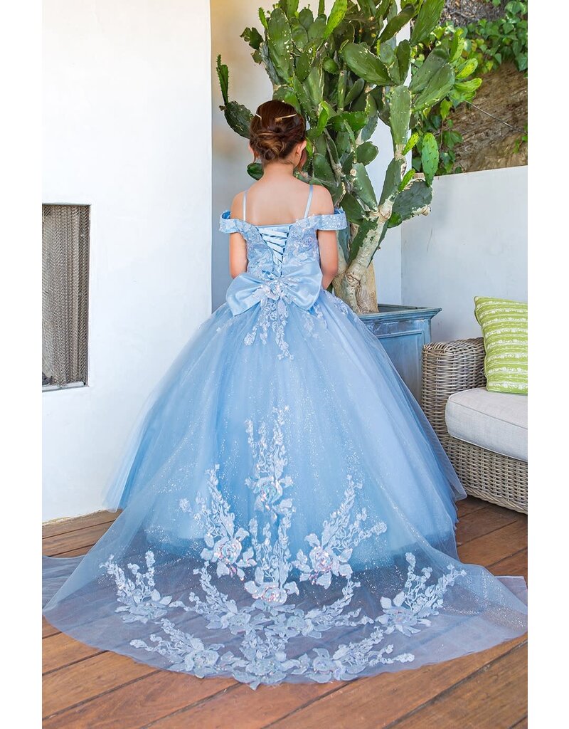 Sequined top tulle bottom long gown 8062