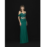 Jersey/lace, 2-piece off the shoulder top with a fitted skirt