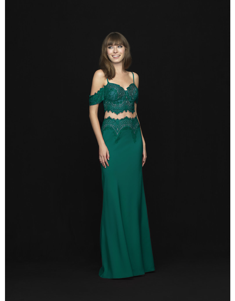 Jersey/lace, 2-piece off the shoulder top with a fitted skirt
