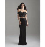 Jersey/lace, 2-piece off the shoulder top with a fitted skirt