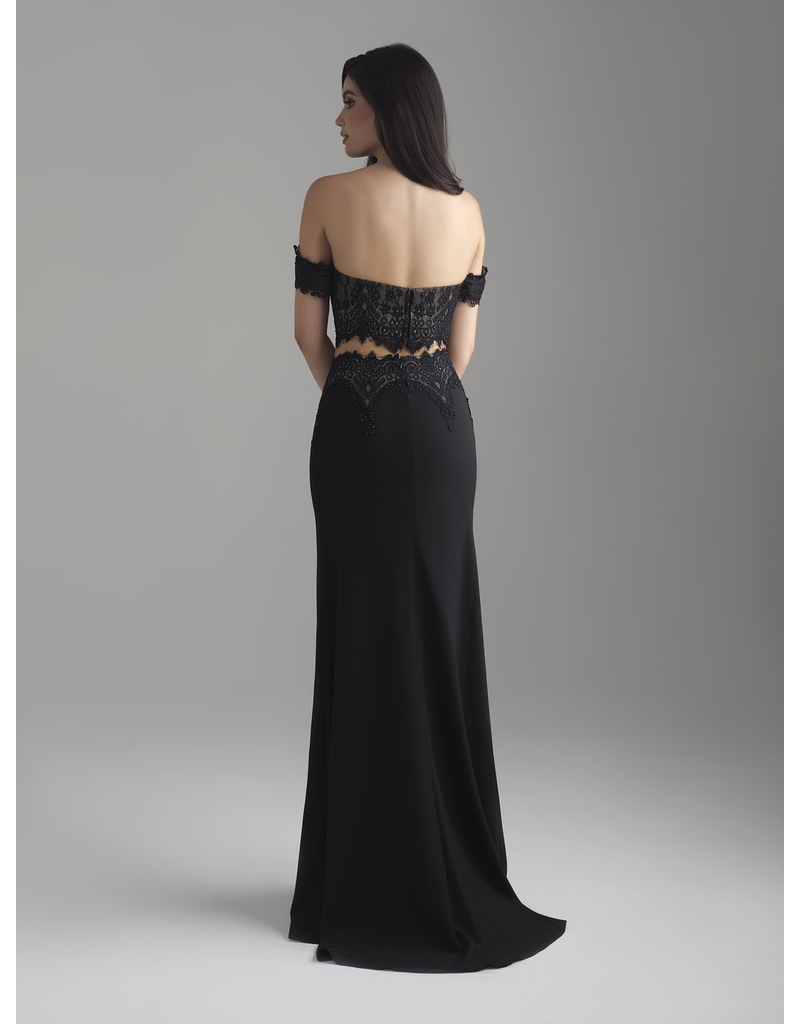 Jersey/lace, 2-piece off the shoulder top with a fitted skirt