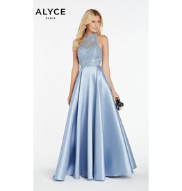 Flowy mikado-lace dress with high neckline and strappy back