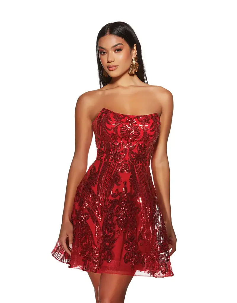 Short,Sequins,A-Line, Strpls,Lace Up,3773