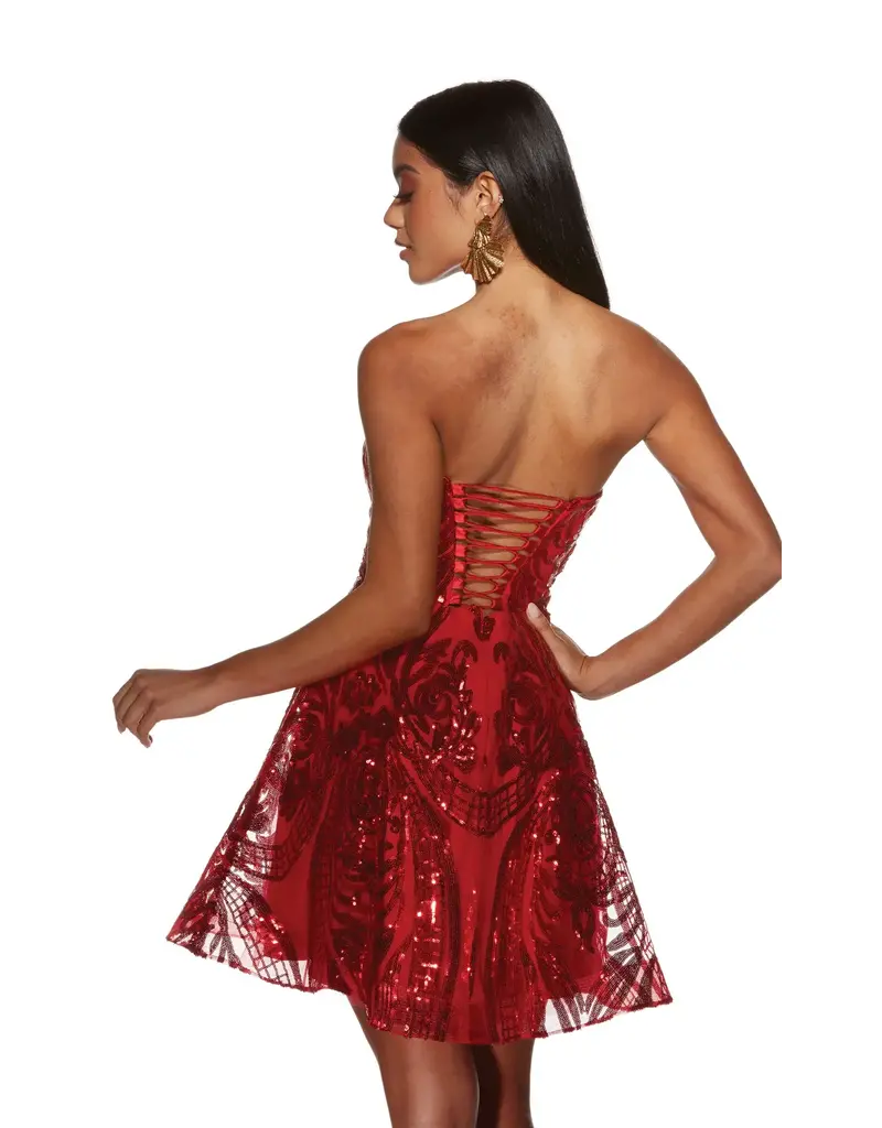 Short,Sequins,A-Line, Strpls,Lace Up,3773
