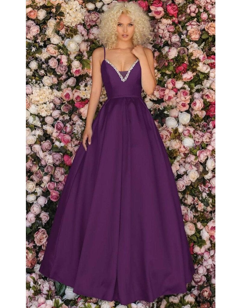 Spaghetti strap ballgown w/beaded v-neck & pockets 8199