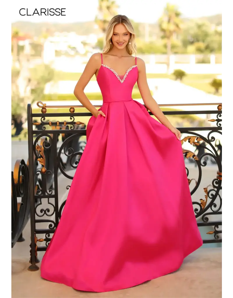 Spaghetti strap ballgown w/beaded v-neck & pockets 8199