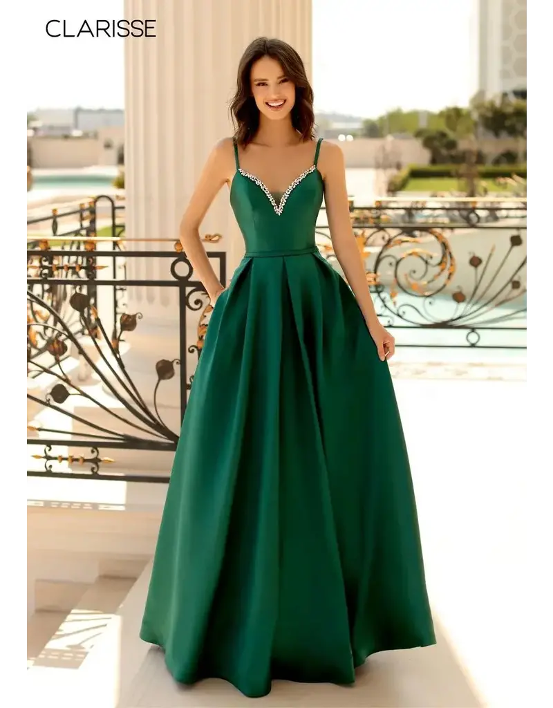 Spaghetti strap ballgown w/beaded v-neck & pockets 8199
