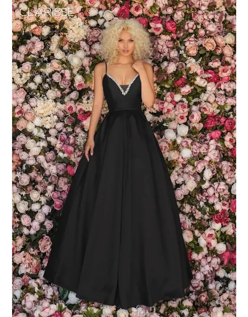 Spaghetti strap ballgown w/beaded v-neck & pockets 8199