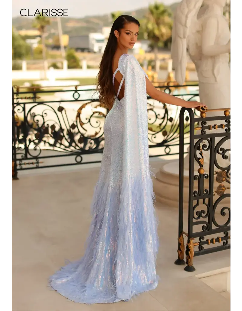 One shoulder cape fitted sequin gown w/feathers 810580