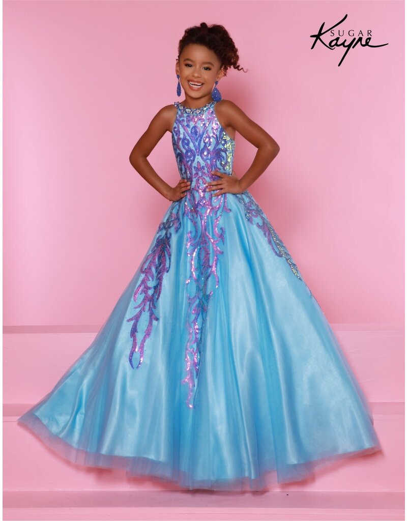 Sugar Kayne High neck sequin tulle a-line gown C344