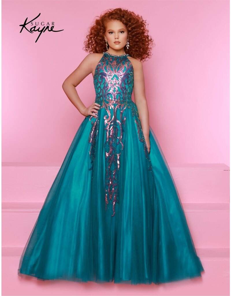 Sugar Kayne High neck sequin tulle a-line gown C344